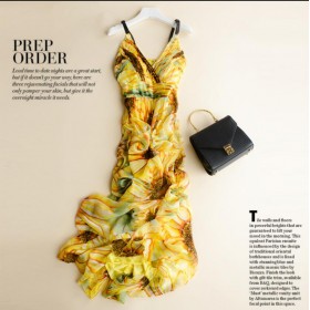 Pure Silk Beach Dress Yellow Long Women Summer Clothing